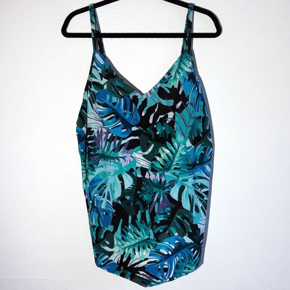 New Aqua Green Tropical Monstera Leaf Tankini Swim Top Teal Blue Black 20W